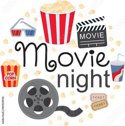 Round movie night banner with cinema elements. Set with popcorn, film reel, soda cup, tickets, clapperboard and 3D glasses