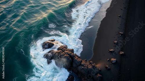 Waves crash on dark beach rocks at sunset with gentle blue and orange hues in the sky