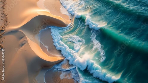 View of sand dunes and ocean waves at sunset on the beach near the coast
