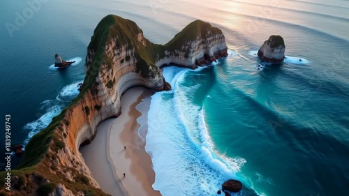 Coastal landscape with waves crashing on a sandy beach during sunset with rocky formations in the background