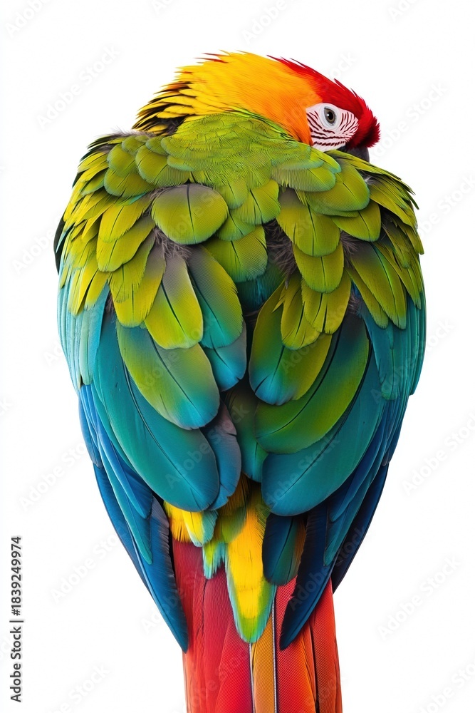 Obraz premium A vibrant parrot captured through its semi-opened wings, revealing tropical color and rare perspective on a white background.