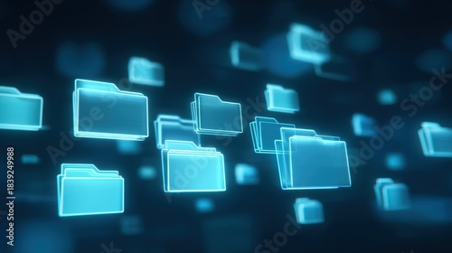 Abstract network grid with files and folders, futuristic software interface, digital document management system, store, search and organize documents, corporate business, paperless office	
