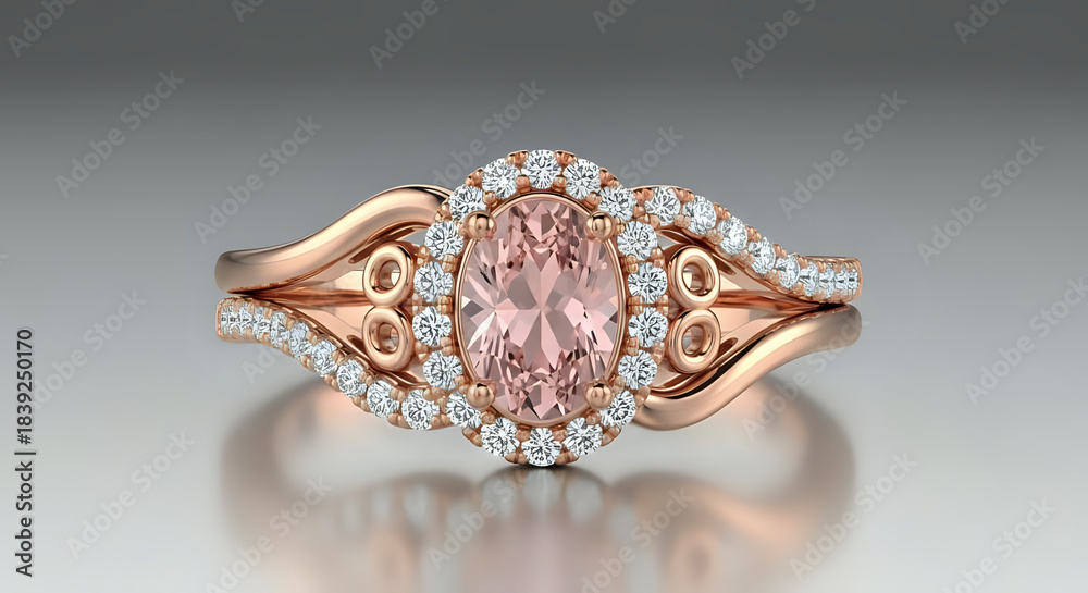 Fototapeta premium Stunning rose gold engagement ring featuring a dazzling oval morganite center stone surrounded by brilliant diamond accents