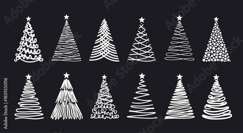 Collection of twelve white doodle Christmas trees drawn in various abstract and sketchy styles on a solid black chalkboard background.