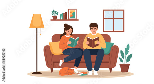 Young couple relaxes at home sitting on a comfortable sofa and reading books with their cute cat sleeping peacefully on the floor.