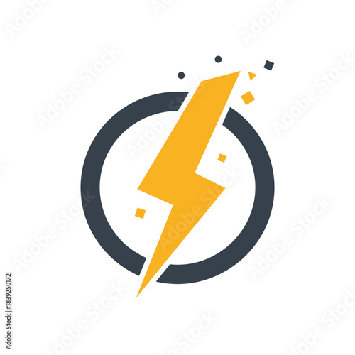 A vibrant yellow lightning bolt icon, symbolizing rapid energy and digital innovation, is encircled by a dark ring, with small particles suggesting dynamic speed.