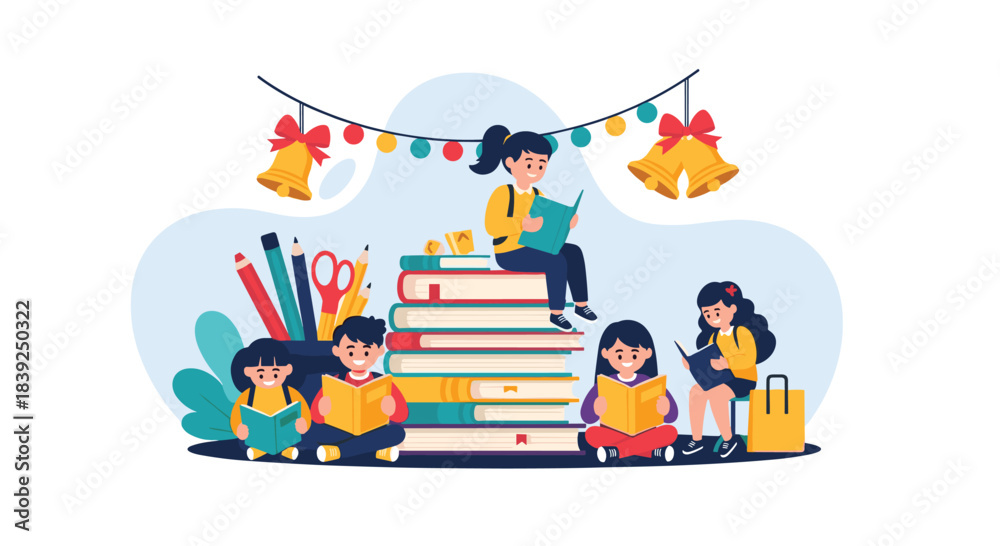 Obraz premium Group of happy children are reading books around a giant stack of books under festive Christmas bells and lights for holiday reading.
