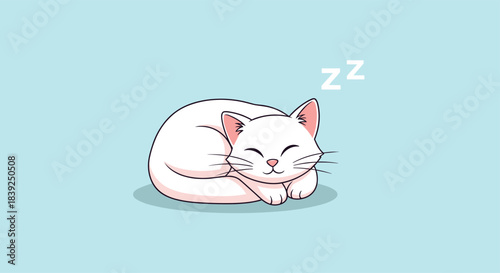 Adorable white cartoon cat is curled up and sleeping peacefully with Zzzs above its head on a soft light blue background.