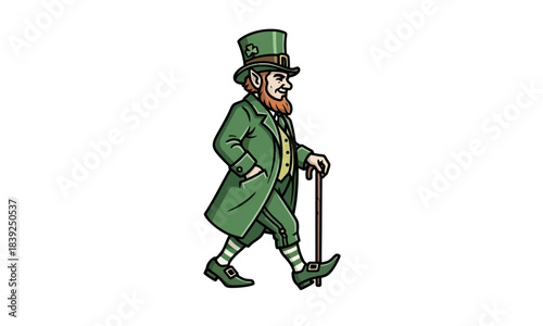 Charming Leprechaun Walking with Cane and Top Hat, A Symbol of Irish Folklore