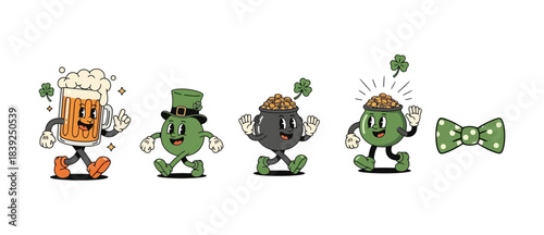 St. Patrick's Day cartoon characters including a beer mug, leprechaun hat, pot of gold, and a bow tie, celebrating the holiday in a fun and whimsical style