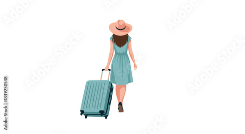 Woman in a summer dress and hat is seen from behind walking away while pulling a blue suitcase ready for a travel adventure.