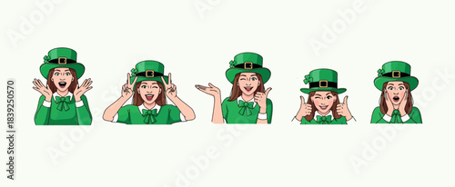 Set of Five Expressive Illustrations of a Woman Wearing a Green Hat, Depicting Various Emotions and Gestures