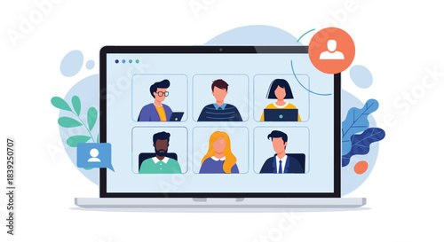 Laptop screen shows a video conference call with a diverse team of colleagues meeting online for a remote business webinar.