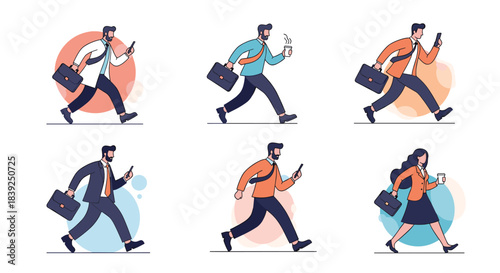 Set of business people characters in a hurry walking to work while using smartphones and drinking coffee in a flat design style.