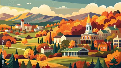 Very beautiful Montpelier Vermont skyline in autumn, glowing with colorful forests, gentle hills, and warm seasonal atmosphere ideal for scenic landscape artwork.