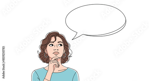 Young woman with curly hair is thinking with her hand on her chin next to a large blank speech bubble for your custom text.