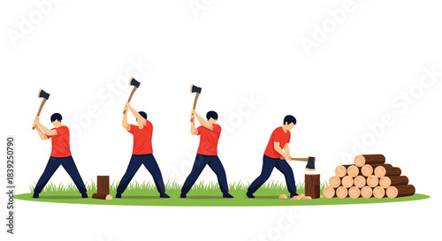 Step-by-step sequence shows a man in four stages of chopping wood with an axe from swinging to stacking the finished logs.
