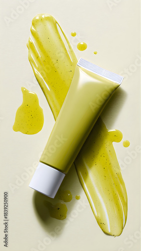 top-down studio product photo, premium skincare campaign mood, a blank squeeze tube placed diagonally across the frame (cap toward bottom-right), composition matching REF1. Tube: soft-touch matte cool