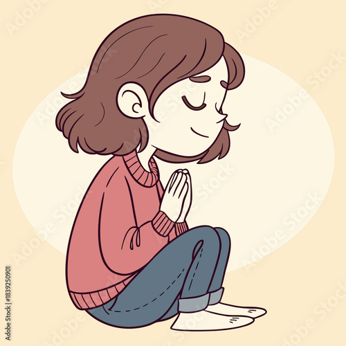 A gentle cartoon illustration of a young girl with short brown hair, wearing a cozy pink sweater and jeans, kneeling with hands pressed together in prayer, eyes closed and a soft smile on her face.