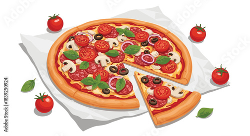Delicious pepperoni pizza with fresh vegetables like mushrooms tomatoes and olives with one slice cut out on a white background.