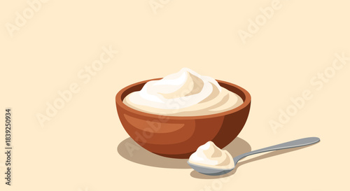 Brown bowl filled with creamy white sour cream or Greek yogurt with a spoonful ready to be eaten on a light background.