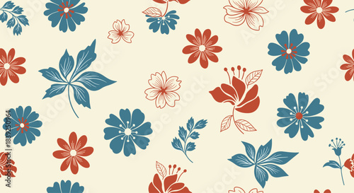 Seamless vintage-style floral pattern with stylized red and blue flowers and leaves on a cream background for fabric or wallpaper.