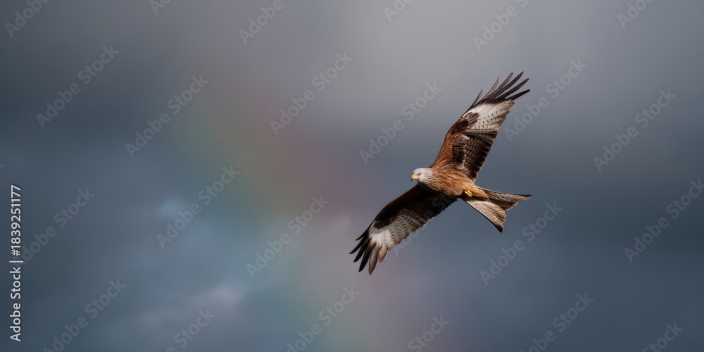 Fototapeta premium Majestic red kite soaring against a dramatic sky with rainbow backdrop