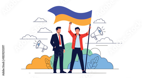 Two men stand together with one proudly holding a large waving flag of Ukraine symbolizing patriotism support and national pride.