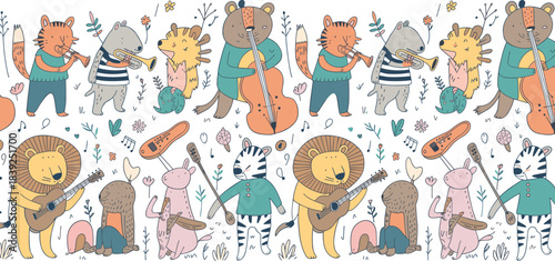 Cartoon animals playing musical instruments in a whimsical pattern