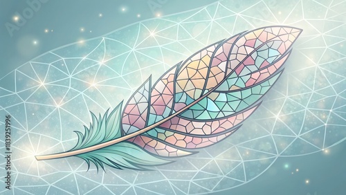 Colorful mosaic patterned feather with geometric design