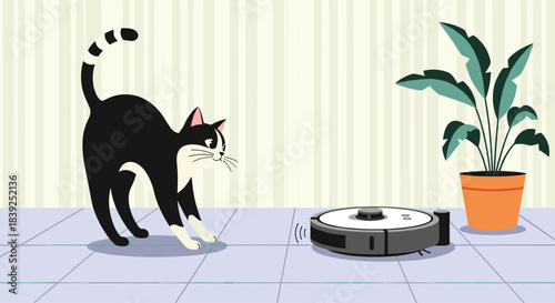 Funny cartoon cat with an arched back looks suspiciously at a moving robot vacuum cleaner inside a modern home with a houseplant.
