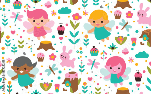 Cute cartoon fairies and woodland creatures seamless pattern