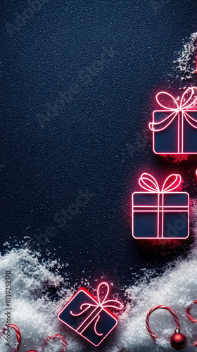 Christmas gift box neon light glowing on dark blue background with snow and candy cane creating festive joyful holiday atmosphere