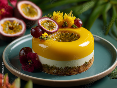 Passion fruit mousse cake with tropical glaze and edible flowers