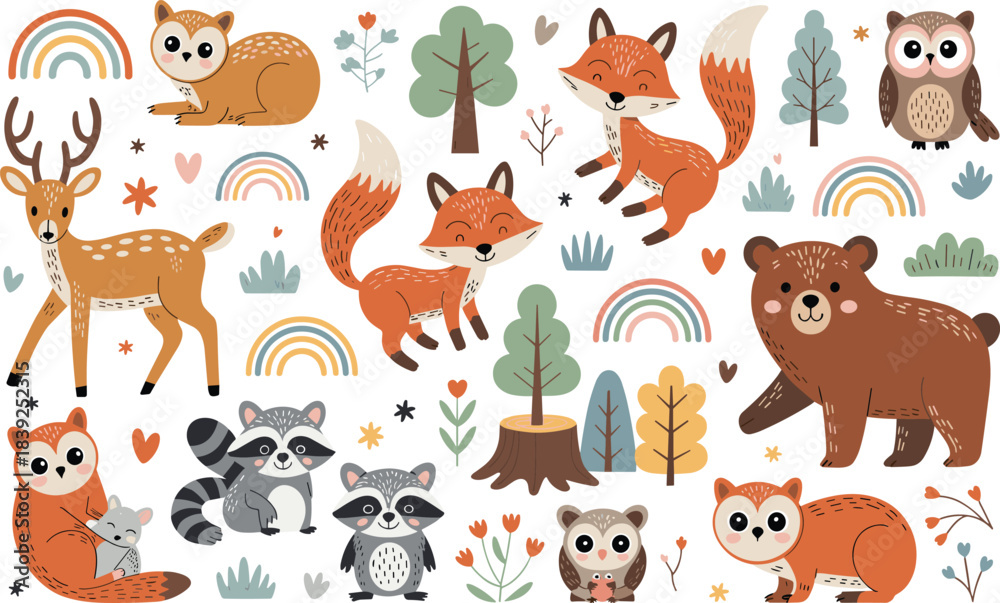 Obraz premium Cute forest animals and rainbows in a playful illustration