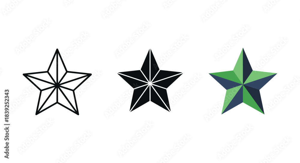 Obraz premium Five point star collection in outline solid black and multicolor flat icon variations