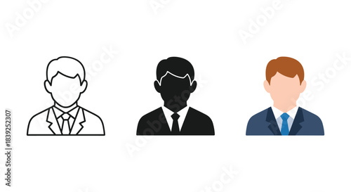 Businessman profile icons illustrating outline solid and colored avatar portrait variations for user accounts