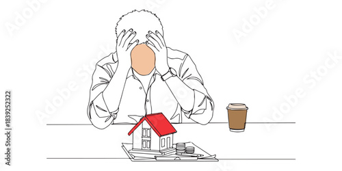 Continuous-line drawing of a stressed man holding his head, with a house model, documents, and coins on the table. Conceptualizes mortgage stress, housing debt, and financial worries.