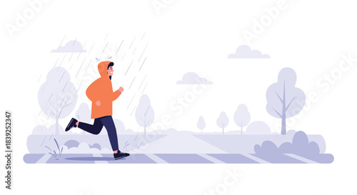 Young man in an orange hoodie is jogging in the park during a rain shower as part of his daily fitness and workout routine.