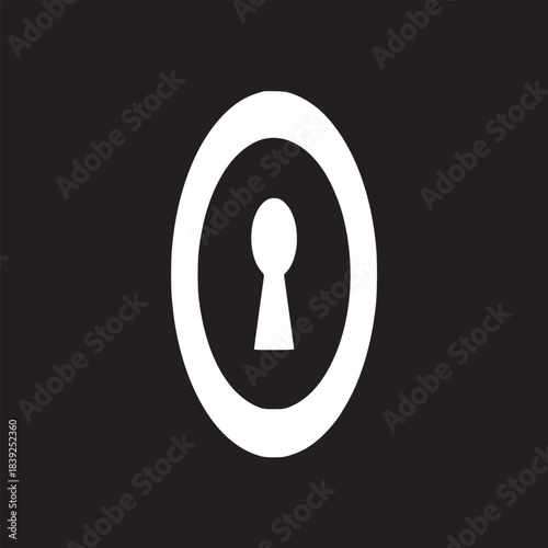 A white keyhole inside a white circle on a black background in a minimalist style design graphic