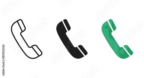 Telephone receiver icons showing outline solid and modern green geometric style