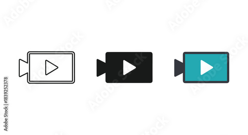 Video camera icons showing outline solid and color versions with play button graphic