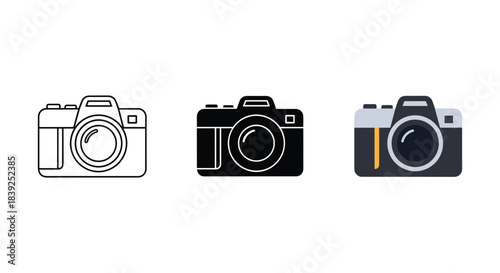 Camera icons including line art silhouette and detailed color representation for photography