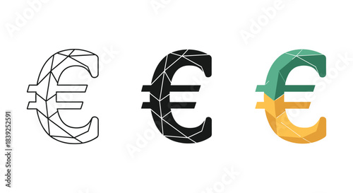 Collection of three euro currency symbols outline solid geometric polygon modern flat icon