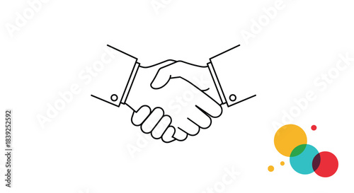 Minimalist line art icon of a handshake symbolizes agreement partnership and business deals with colorful dots in the corner.