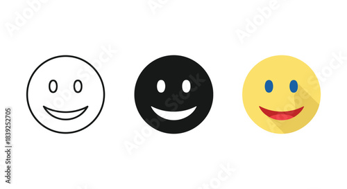 Happy face emoji icons set showing positive emotion in outline solid and colorful flat styles