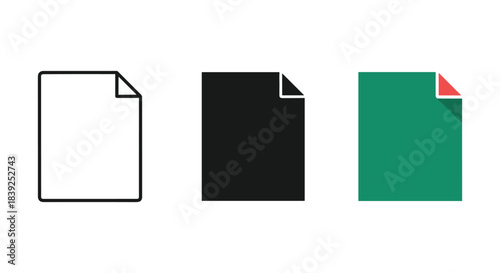 Document file icons variations showing empty page outlines solid shapes and colored versions