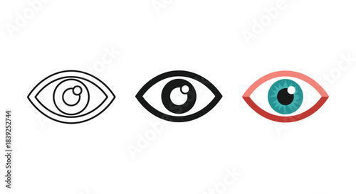 Eye organ symbol set different styles outline solid and color illustration for vision