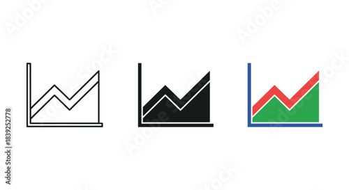 Area graph icons in line solid and colored styles illustrating upward trend for finance tracking