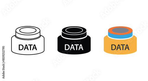 Data storage cylinder icon variations outline solid and colorful isometric database jar style